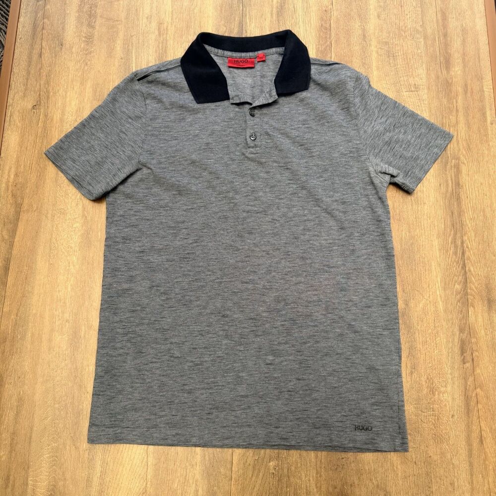 HUGO BOSS sz SMALL Polo collard Shirt - Grey Black 100% COTTON